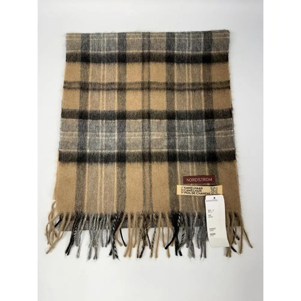 Nordstrom Camel Hair Plaid Scarf Heritage Neutral Fringe VTG Quiet Luxury